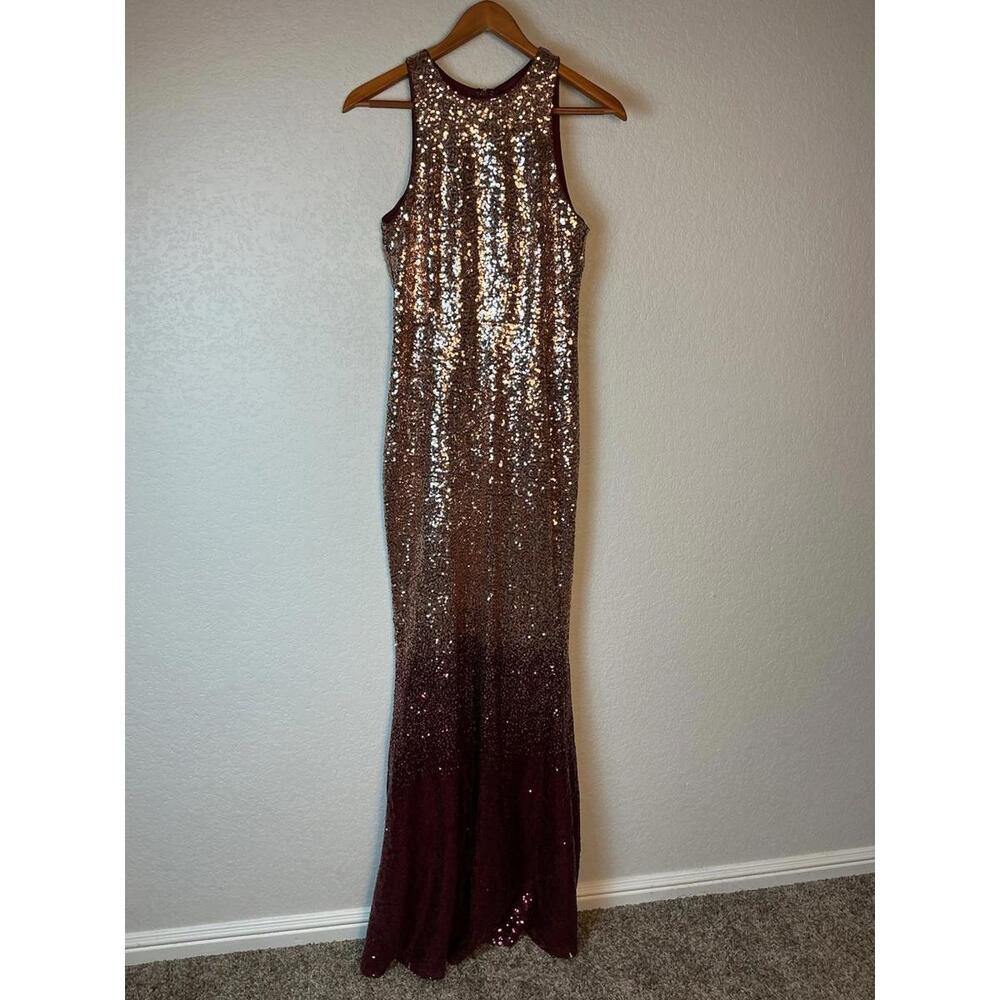 Lulus gown Gold/Maroon Formal Dress Glittery Floor Length Sequin body con Flare
